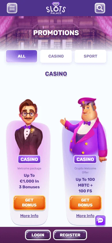 Slotspalace Casino promotions on a mobile browser